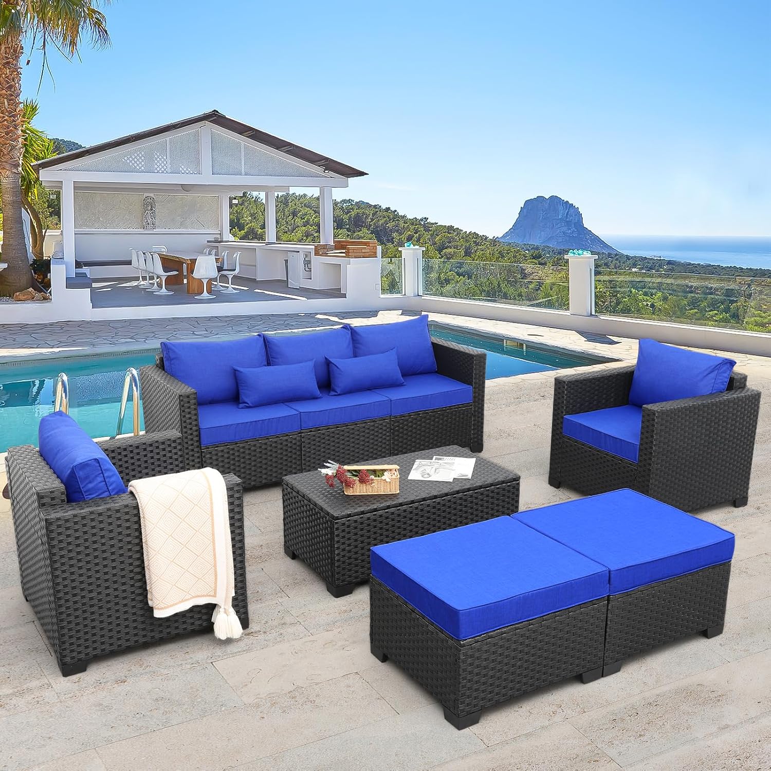 Rattaner Patio Furniture Set 6 Pieces Couch Outdoor Chairs Coffee Table Peacock Blue Anti-Slip Cushions and Waterproof Covers