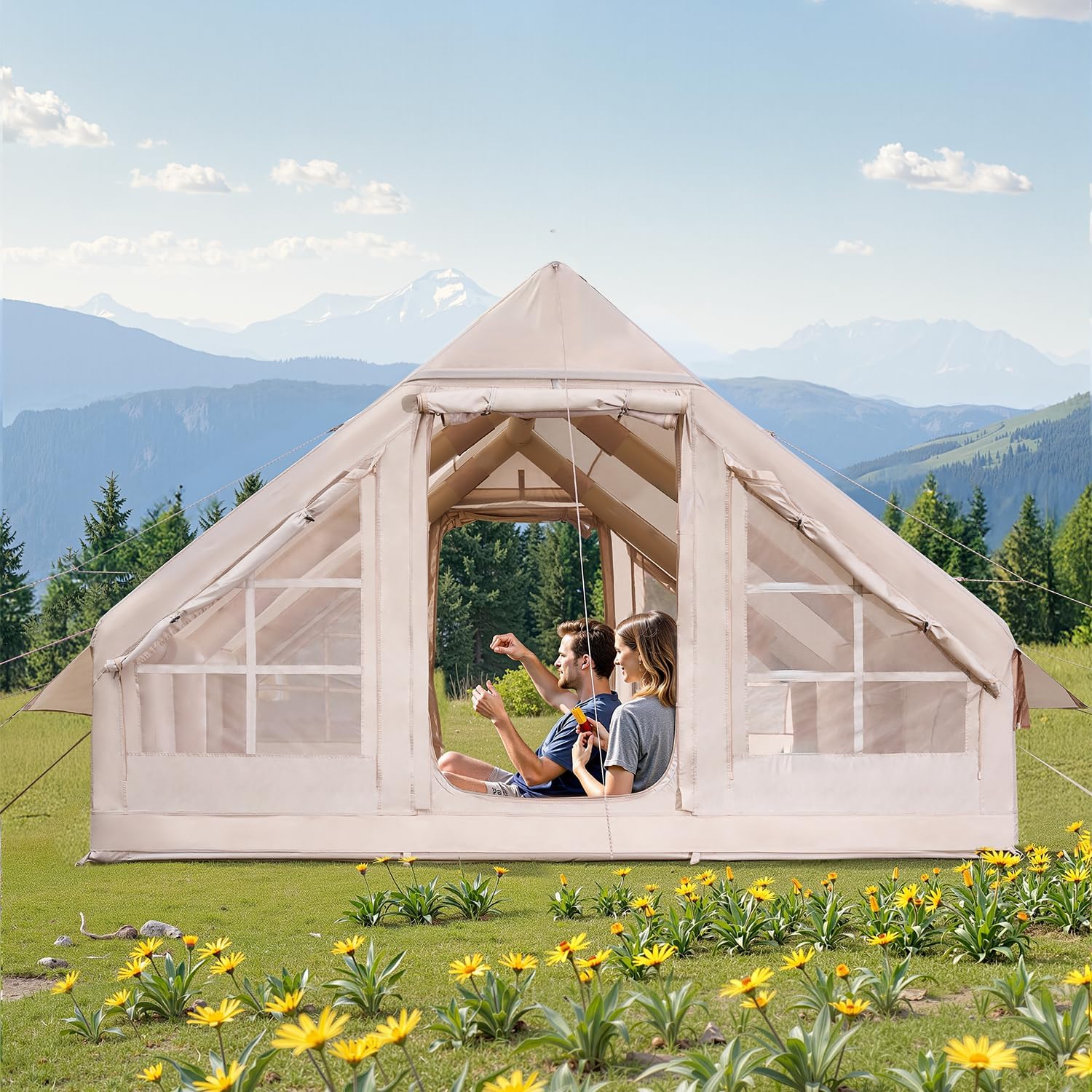 VEVOR Inflatable Tents for Camping 4x3x2m, 5-8 Person 300D Oxford Glamping Tent with Stove Connection