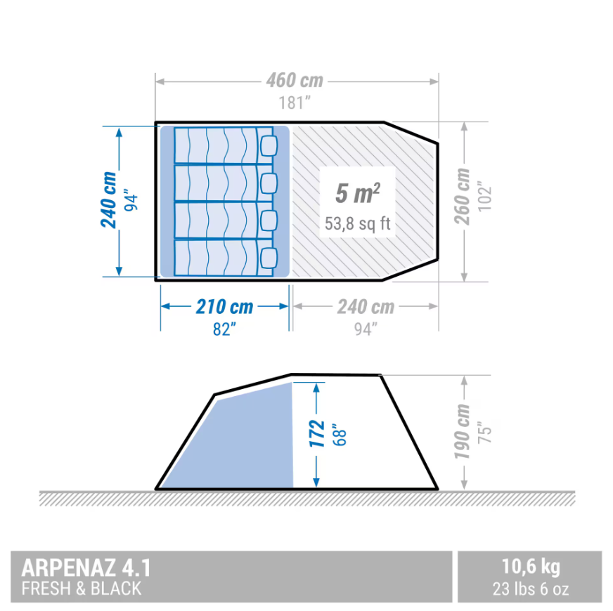 Camping Tent with Poles Arpenaz 4.1 F&B 4 Persons 1 Bedroom
