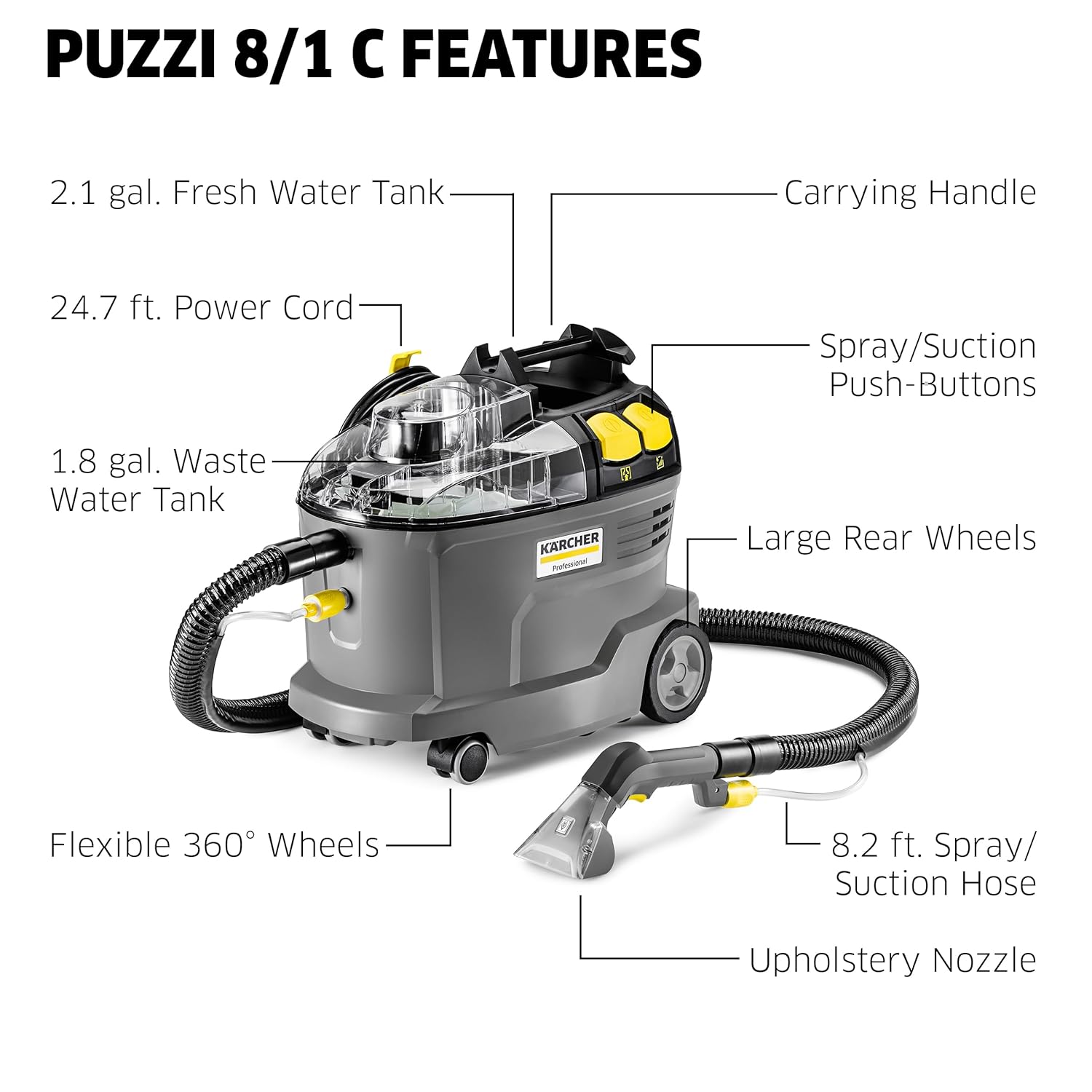 Kärcher Puzzi 8/1 C Commercial Carpet Extractor 12.5 PSI - Spot Cleaner, Stain Remover, Area Rugs, Car and Auto Detailing, Carpet and Upholstery Cleaner - Onboard Accessory Storage - 3.9 Gallon Tank
