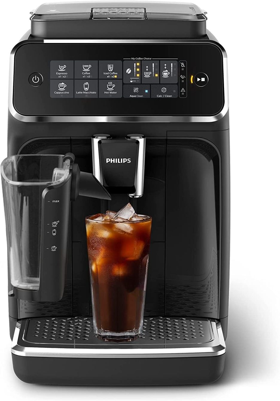 Philips 3200 Series fully automatic espresso machine - LatteGo milk frother and iced coffee, 5 coffee varieties, intuitive touch display, black, (EP3241/74)