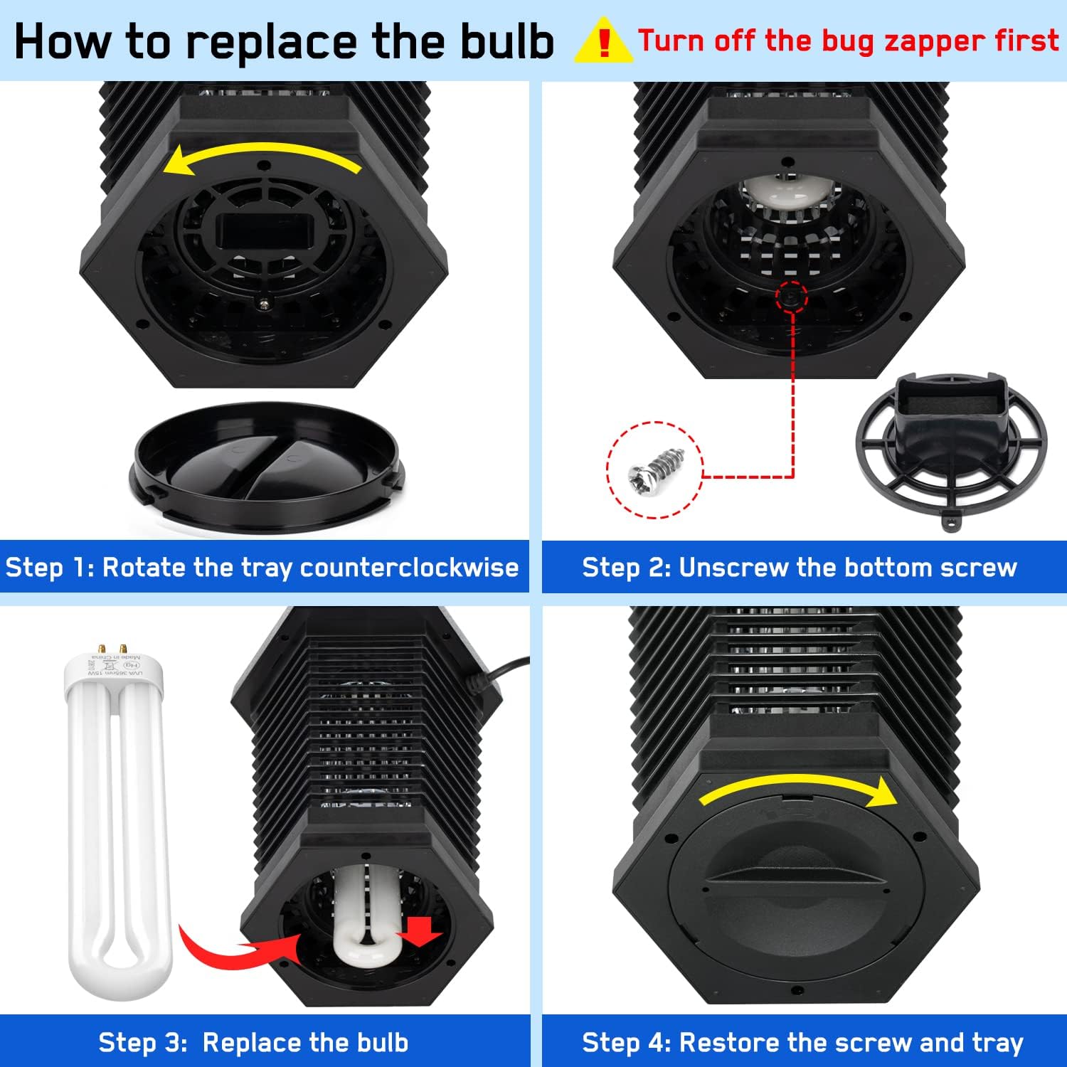 GOOTOP Bug Zapper Outdoor Electric, Mosquito Zapper, Fly Traps, Fly Zapper, Mosquito Killer, 3 Prong Plug, 90-130V, ABS Plastic Outer (Black) with 15W Replacement Bulb