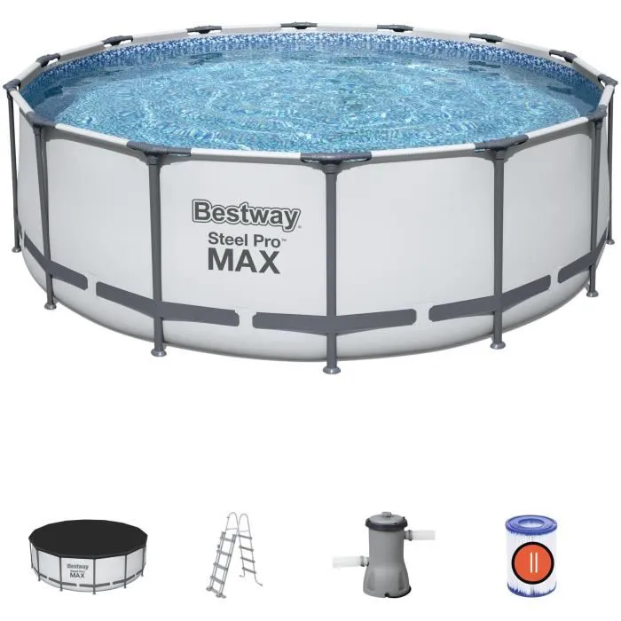 Kit Piscine hors sol tubulaire BESTWAY Steel Pro Max™ - 427 x 122 cm - Ronde (Avec un filtre à cartouche, une bâche et une échelle)