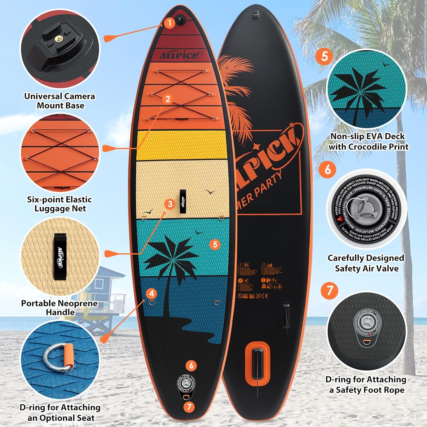ALLPICK Premium SUP Board Set, Stand Up Paddling Board Aufblasbar, Mit Universal Kamerahalterung, Komplettes Zubehör, Verstellbares Paddel, Anfänger, Fortgeschrittene, 180kg