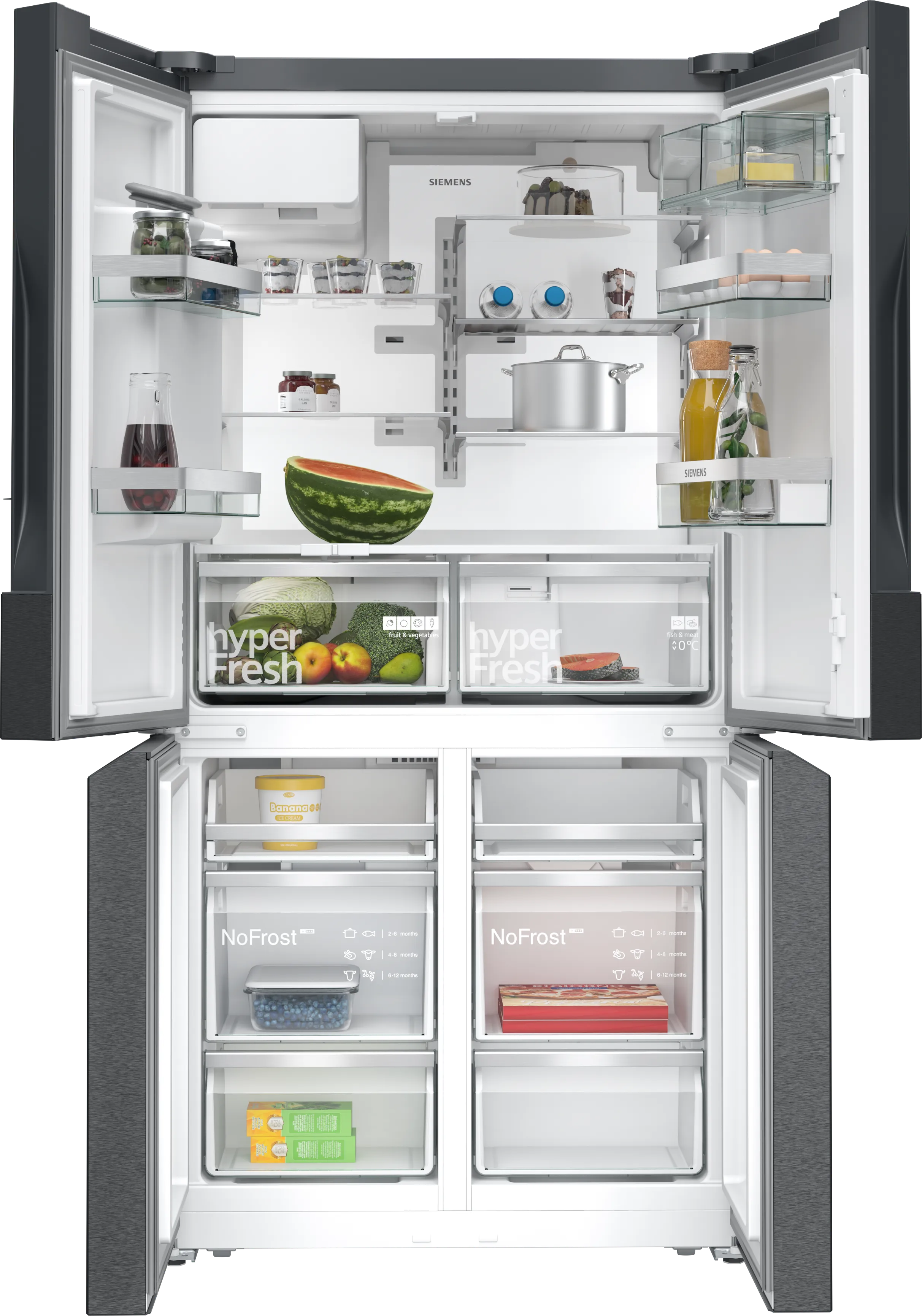 SIEMENS KF96DPXEA iQ700 French door bottom freezer, multi door 183 x 90.5 cm Brushed black steel antiFingerprint, Total noFrost