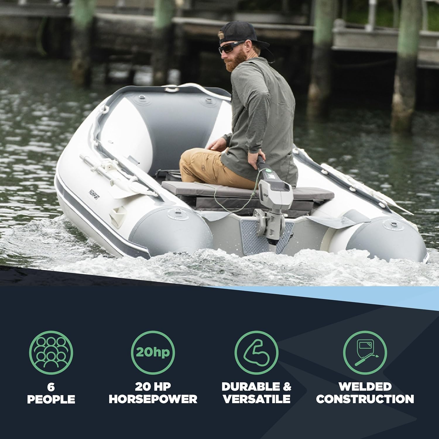 12ft 6in Catalina Inflatable Dinghy Boat Transom Sport Tender - 6 Person - 20 Horsepower USCG Rated, White/Gray