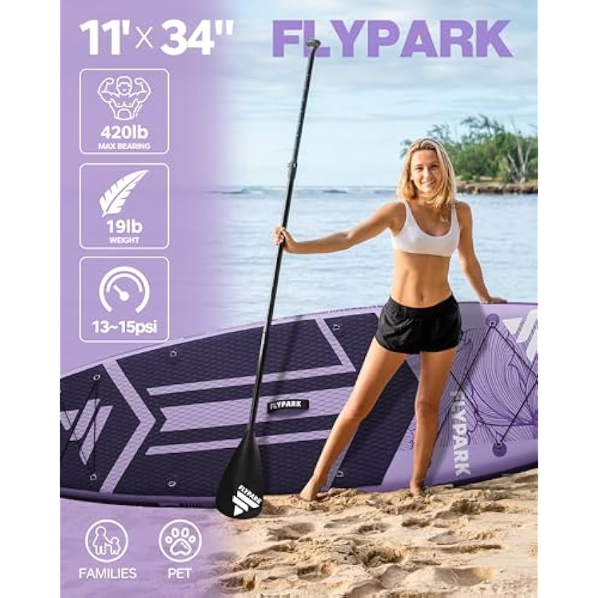 Flypark 11'x34'' Inflatable Paddle Boards, Extra Wide SUP for 420lbs/3Adults, Yoga Stand Up Paddle Board, 110L Backpack, 15 D-Rings, Shoulder Strap, US-Fin, 2-Action Pump