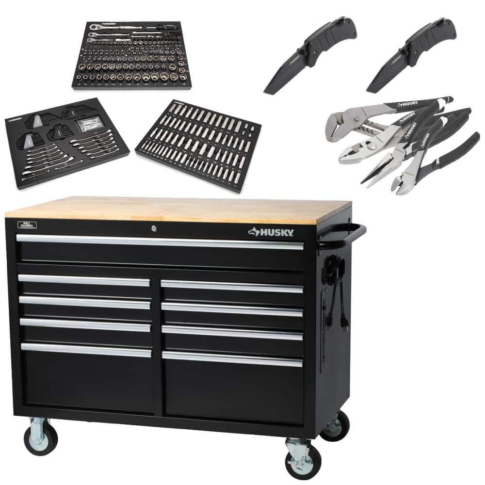 46 in. W x 24.5 in. D Standard Duty 9-Drawer Mobile Workbench Cabinet with Solid Wood Top in Gloss Black