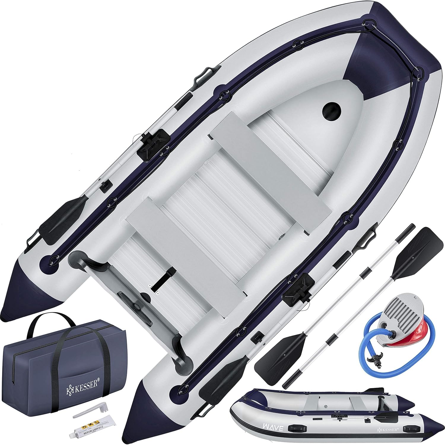KESSER® Inflatable Boat 3.20 m for 4 People - Wave Motor Suitable Leisure Boat Paddle Boat Motor Boat Fishing Boat - with 2 Benches - Aluminium Base Paddle Pump Repair Kit & Bag Inflatable PVC