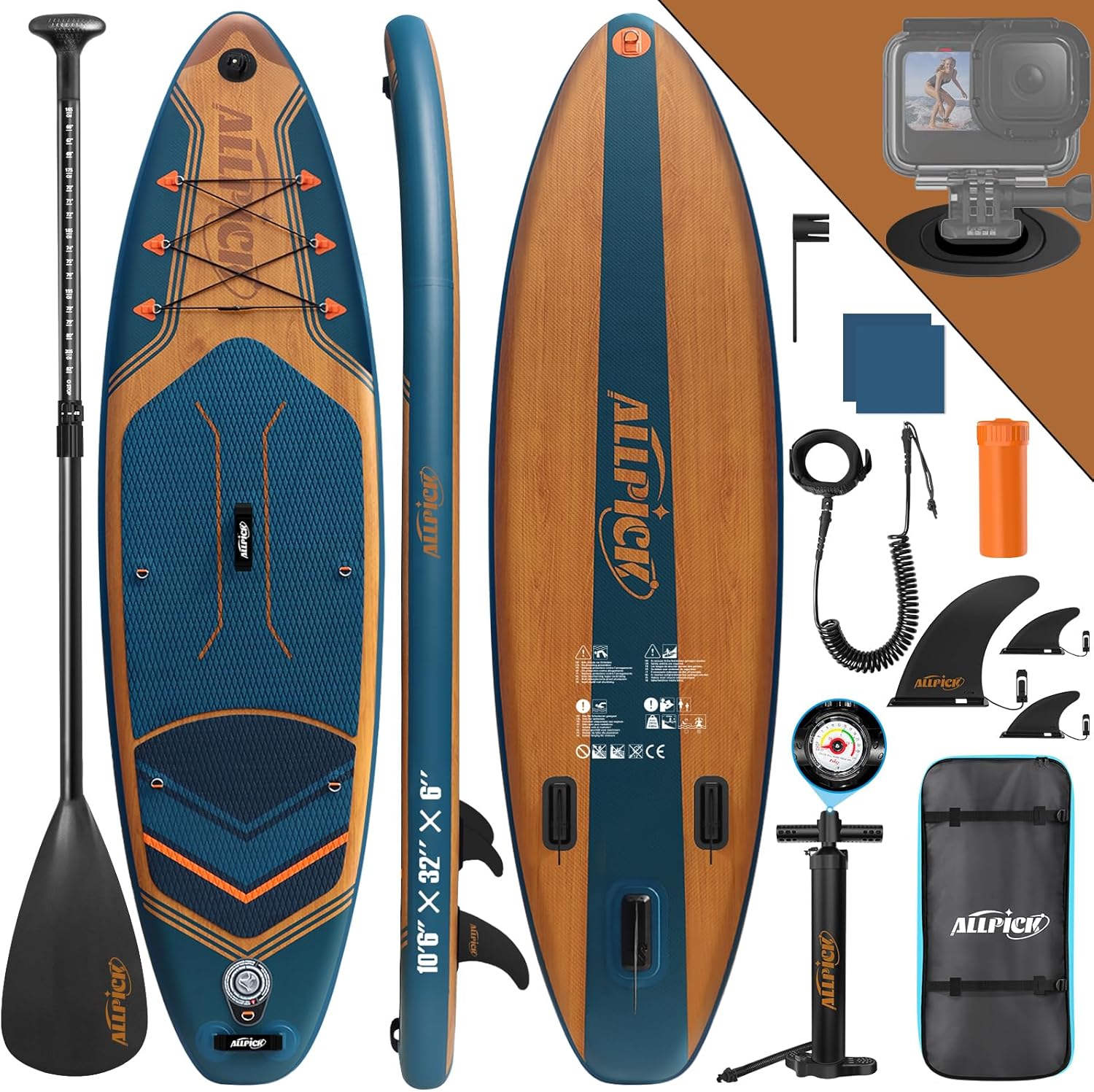 ALLPICK Premium SUP Board Set, Stand Up Paddling Board Aufblasbar, Mit Universal Kamerahalterung, Komplettes Zubehör, Verstellbares Paddel, Anfänger, Fortgeschrittene, 180kg