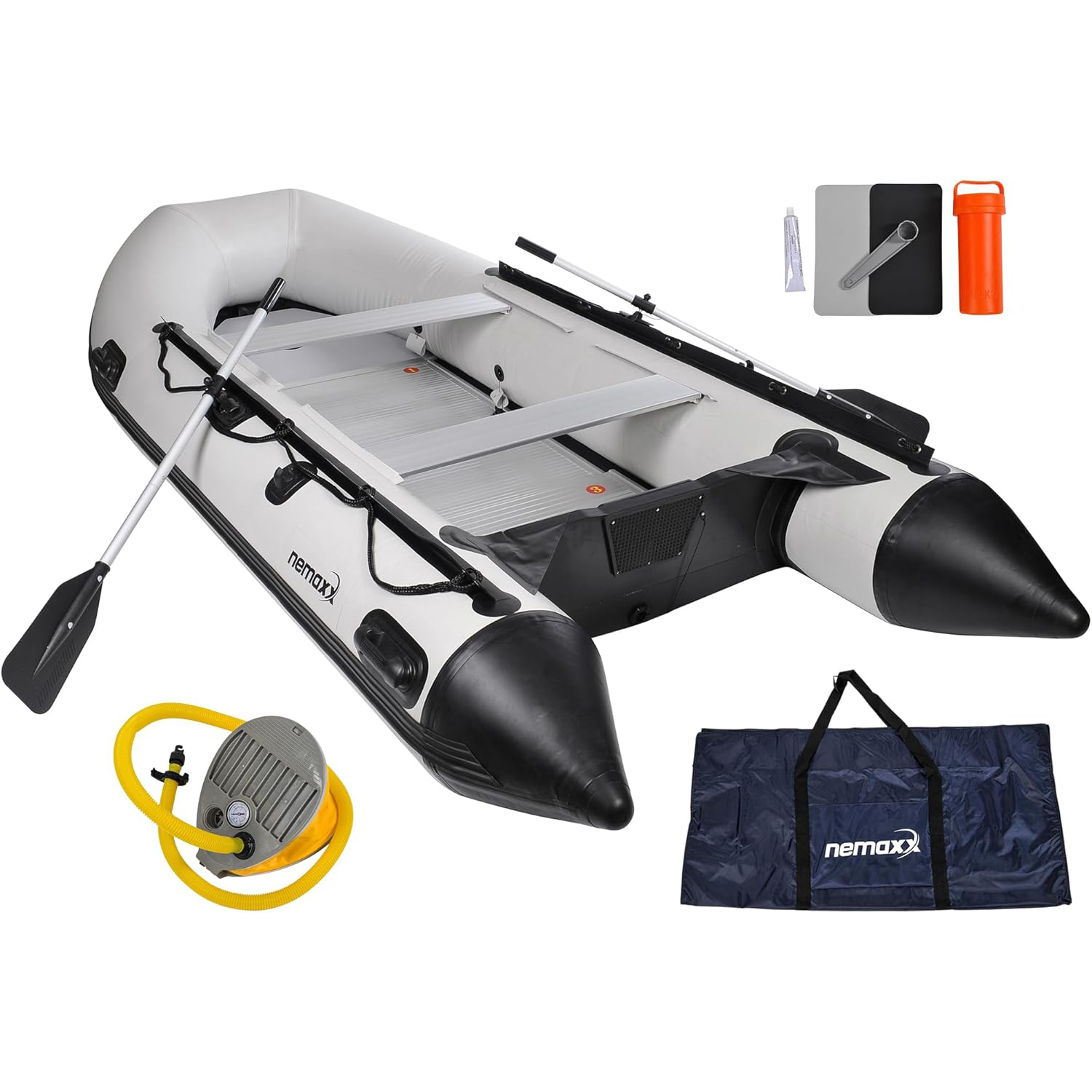 NEMAXX® Bateaux pneumatiques professionnelsINCL. 2 PAGAIES, SAC+POMPE À AIR – Bateaux gonflables à rames – Bateaux de pêche, bateaux pneumatiques – Pour 2,5,7 personnes (Longueur: 230cm,330cm,380cm)