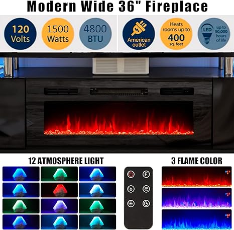 Amerlife Fireplace TV Stand with 36in Fireplace, 70in Modern High Gloss Entertainment Center LED Lights, 2 Tier Console Cabinet for TVs Up to 80in, White