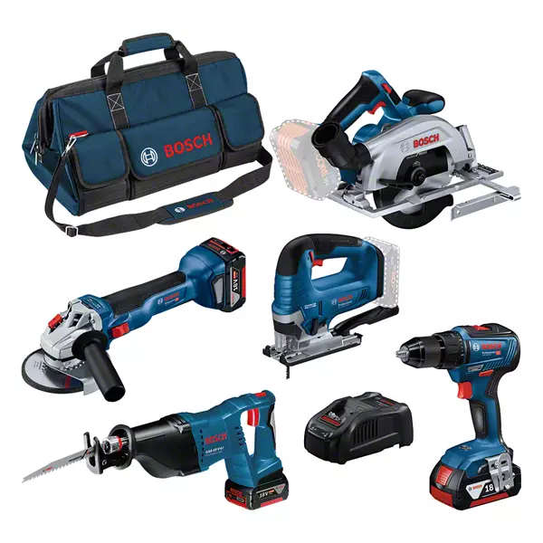 BOSCH COMBI-KIT 5 18V TOOLS: GSR 18V-55 + GWS 18V-10 + GKS 18V-57-2 + GSA 18V-LI + GST ​​18V-125 B + 3 4.0 AH BATTERIES + GAL 1880CV + BAG L (C) PROFESSIONAL