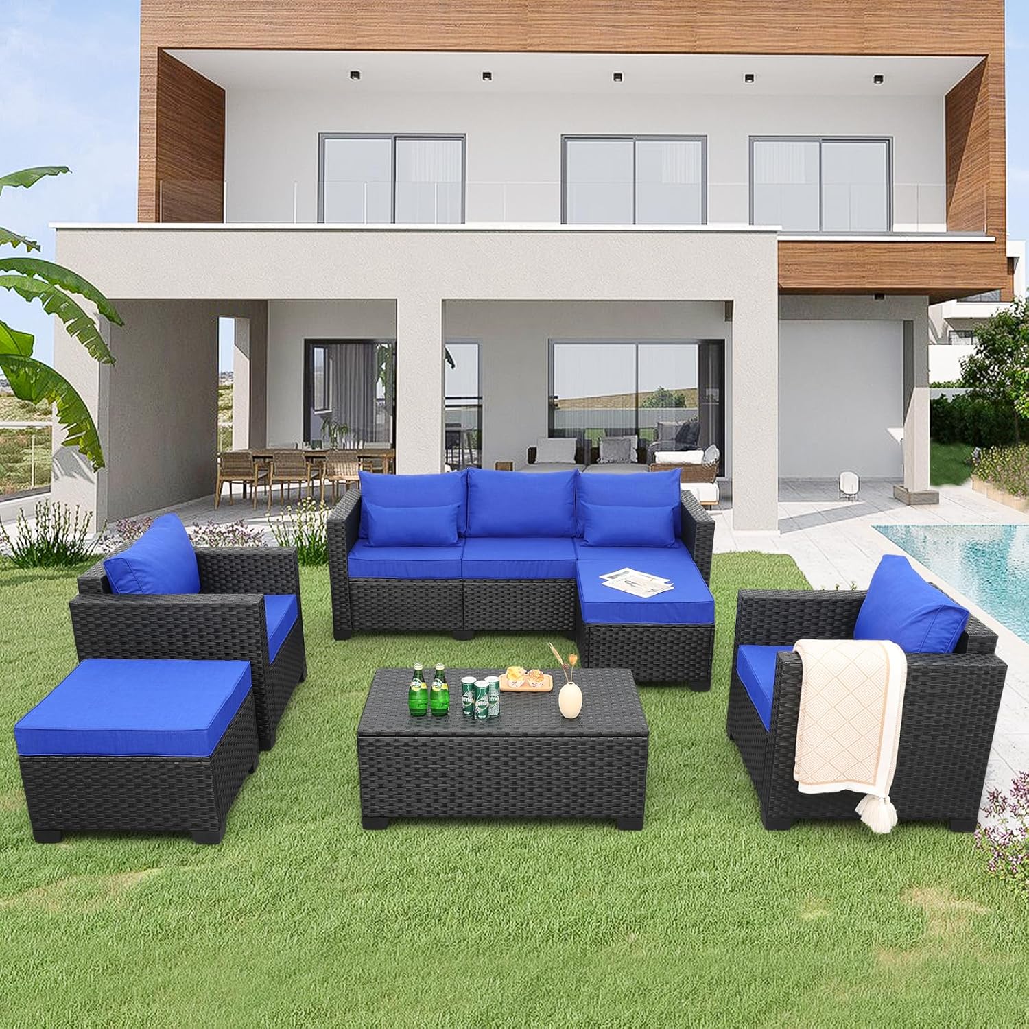 Rattaner Patio Furniture Set 6 Pieces Couch Outdoor Chairs Coffee Table Peacock Blue Anti-Slip Cushions and Waterproof Covers