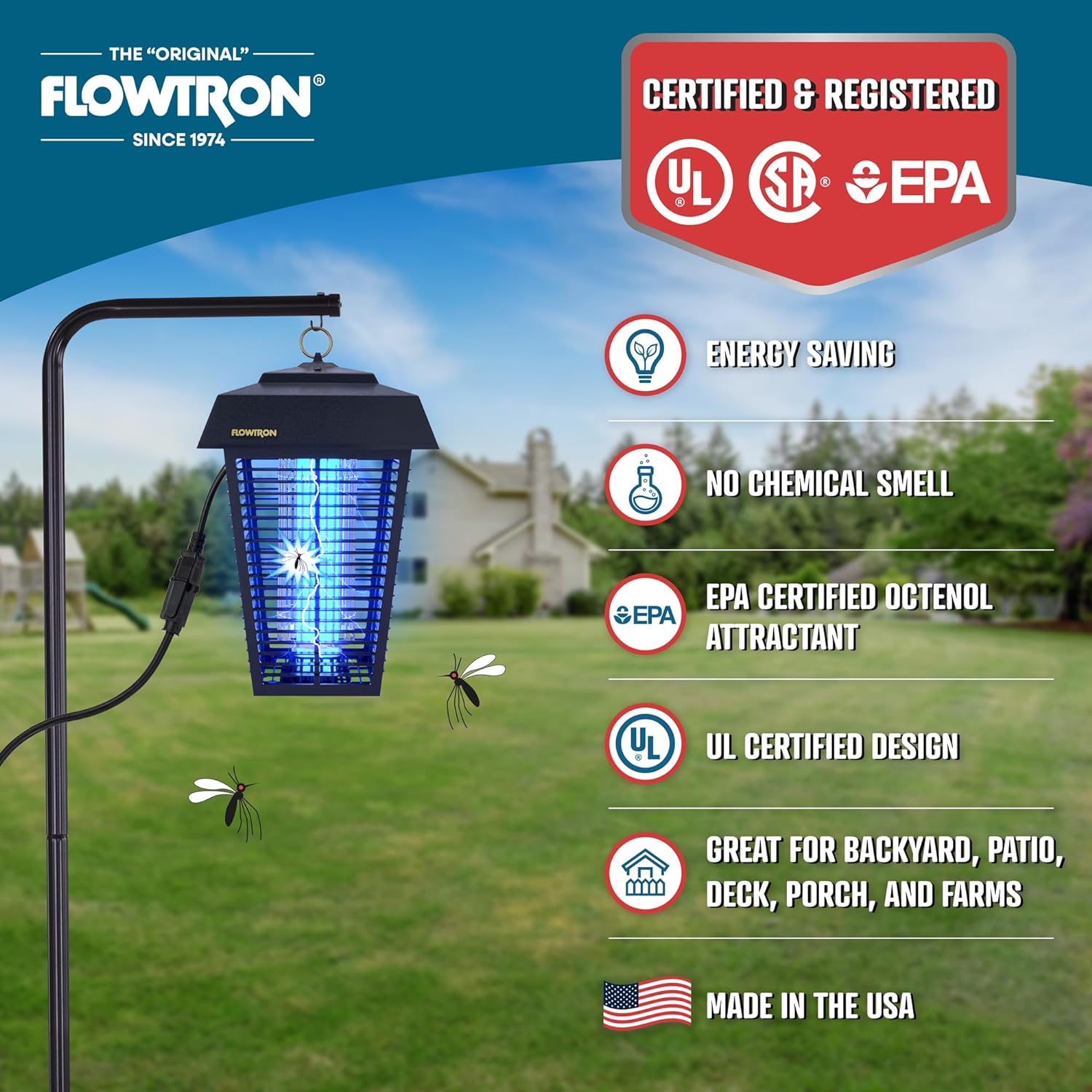 Flowtron Bug Zapper, 1-1/2 Acre of Outdoor Coverage with Powerful 80W Bulb & 5600V Instant Killing Grid, Electric Insect, Fly & Mosquito Zapper, Made in The USA