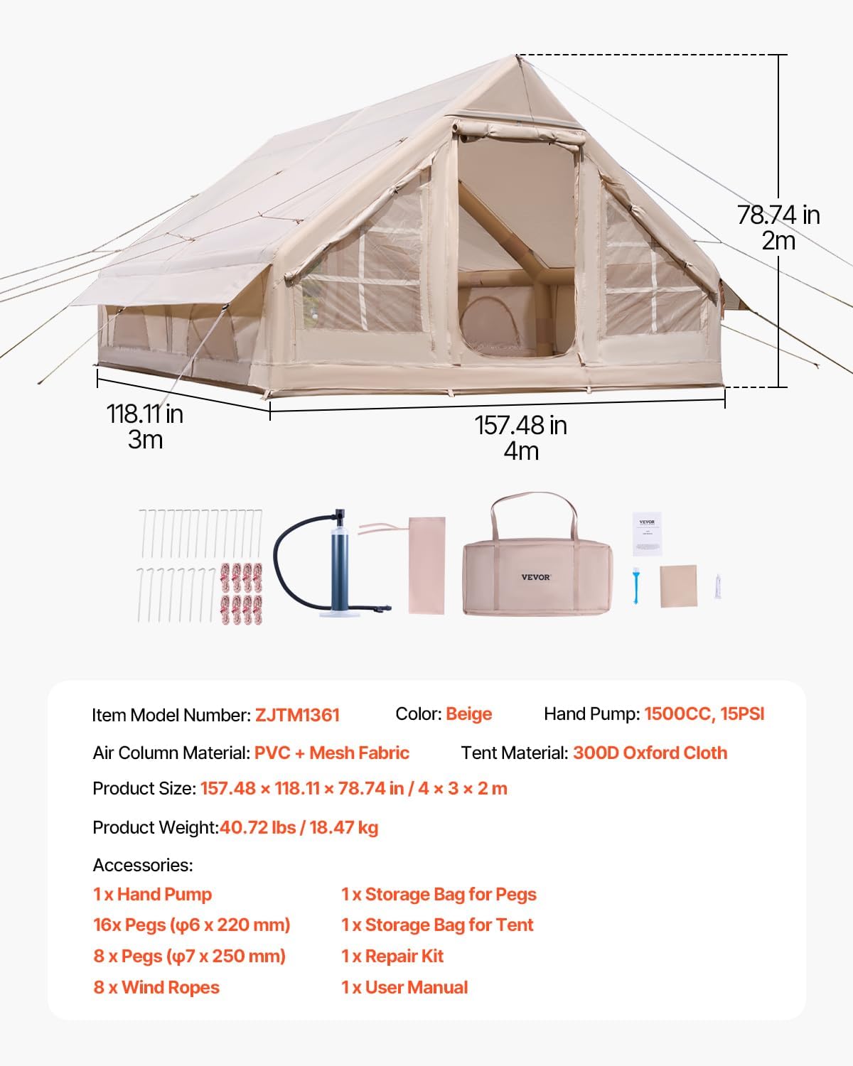 VEVOR Inflatable Tents for Camping 4x3x2m, 5-8 Person 300D Oxford Glamping Tent with Stove Connection