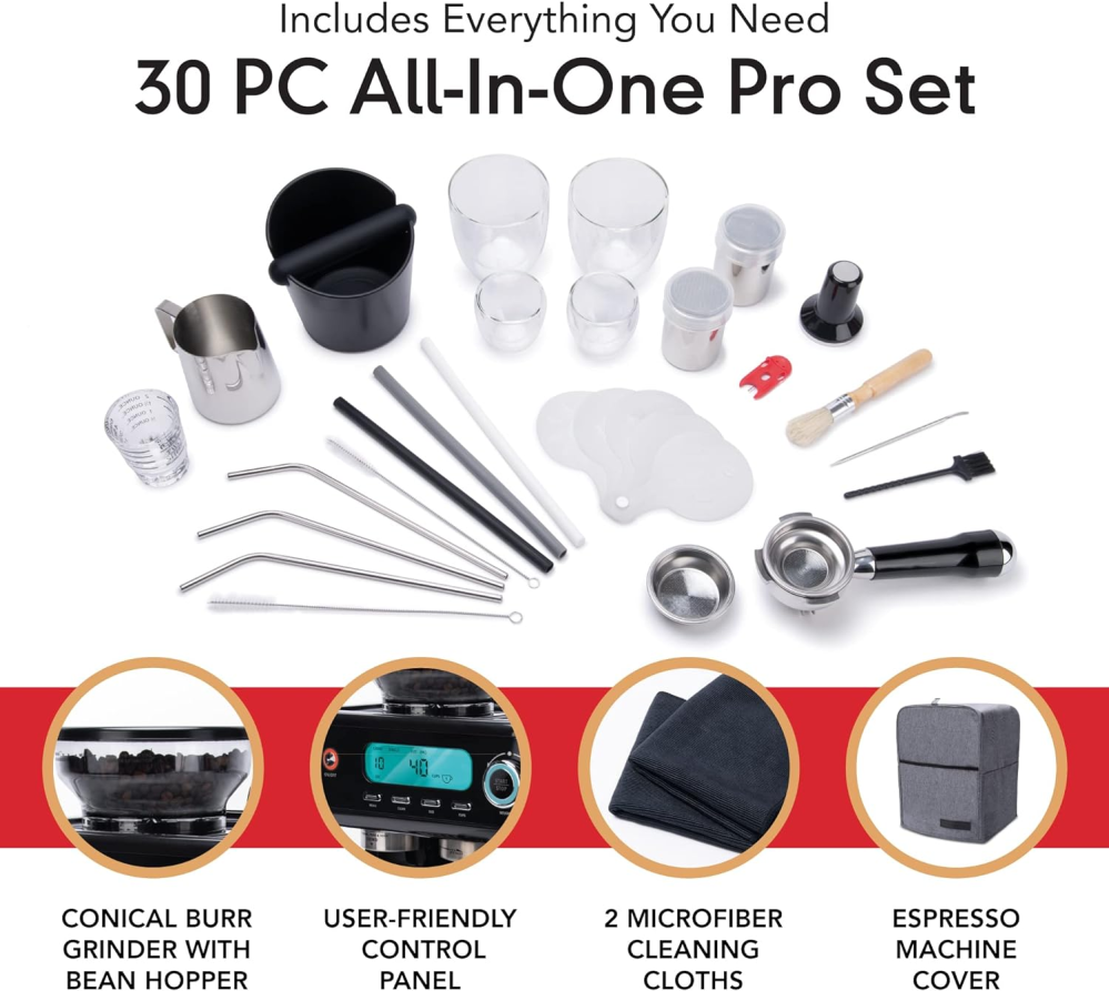 EspressoWorks Barista Pro Series Espresso Machine with Grinder, LCD Display and Steamer - Ready To Go In 60 Sec - 15-Bar Latte and Cappuccino Machine 30-Piece Bundle - Coffee Gifts