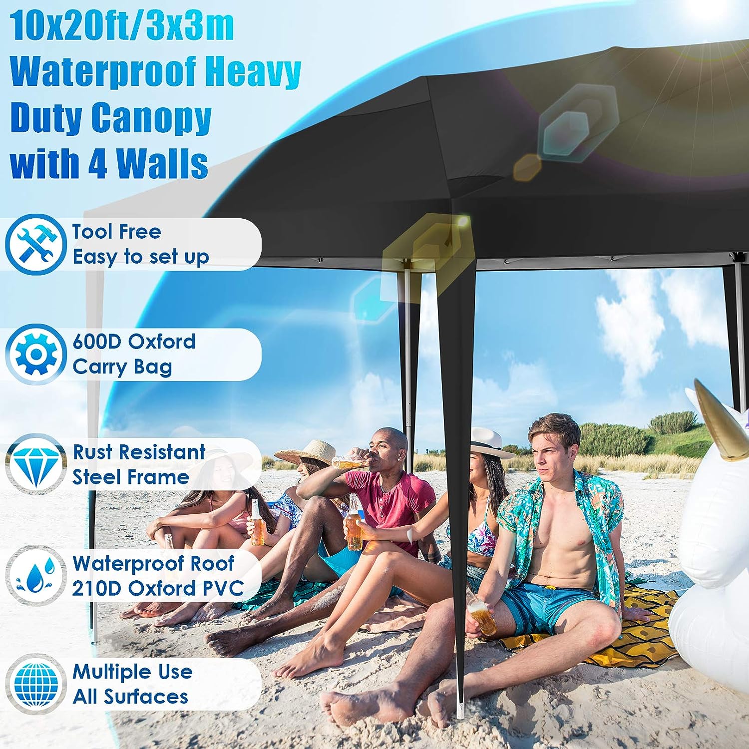 TOOLUCK Folding Gazebo Waterproof Stable Popup Foldable Gazebo Anti-UV Garden Gazebo with 6 Side Panels