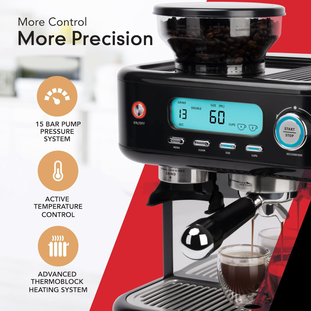 EspressoWorks Barista Pro Series Espresso Machine with Grinder, LCD Display and Steamer - Ready To Go In 60 Sec - 15-Bar Latte and Cappuccino Machine 30-Piece Bundle - Coffee Gifts