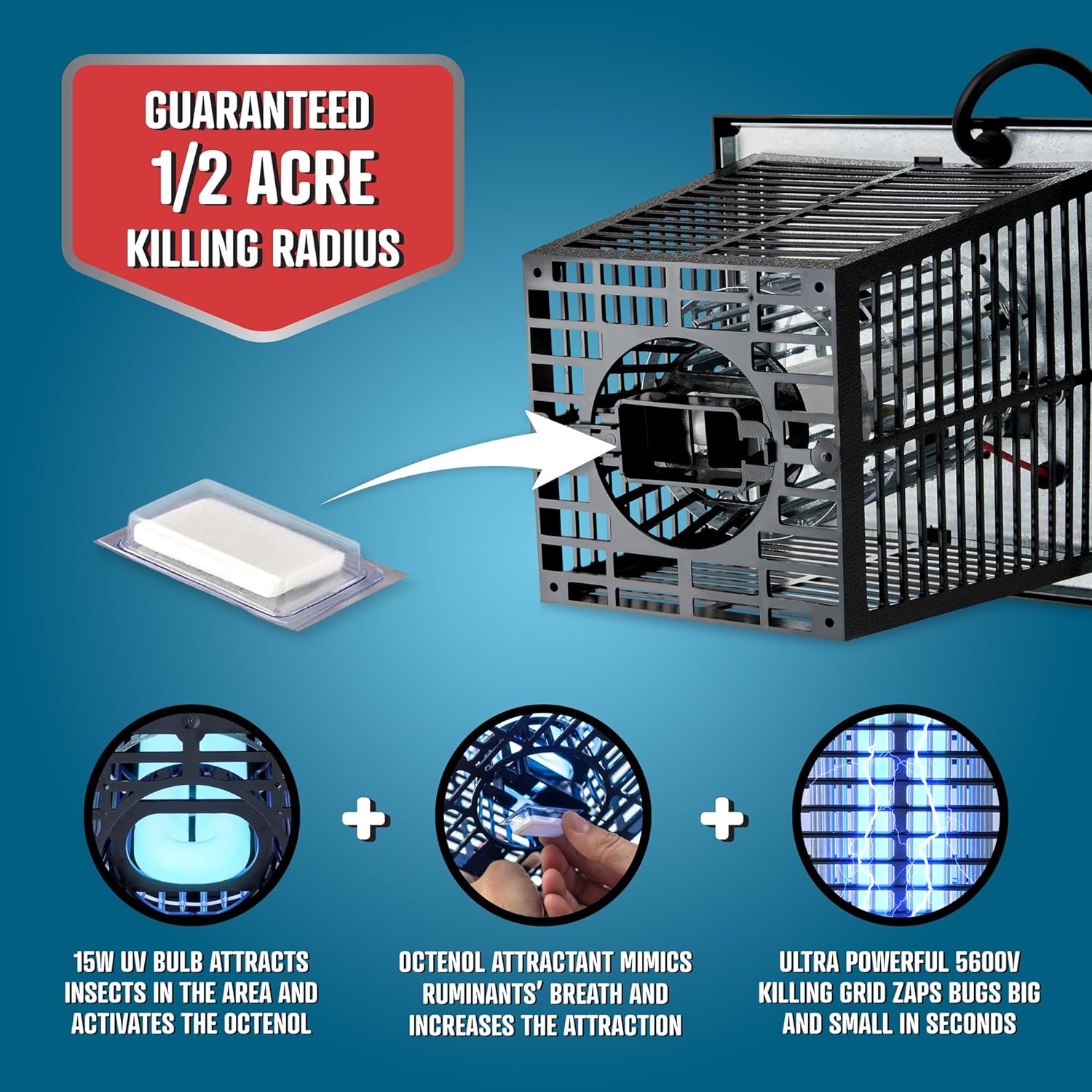 Flowtron Electric Bug Zapper 1/2 Acre Outdoor Insect Control with Dual Lure Method, 15W UV Light & Octenol Attractant for Fly & Mosquito, 5600V Kill Grid, Made in USA, UL Certified