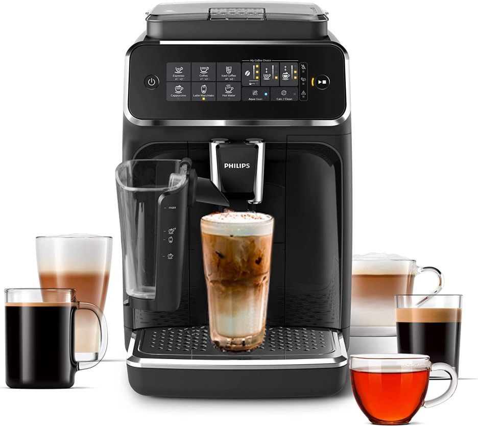 Philips 3200 Series fully automatic espresso machine - LatteGo milk frother and iced coffee, 5 coffee varieties, intuitive touch display, black, (EP3241/74)