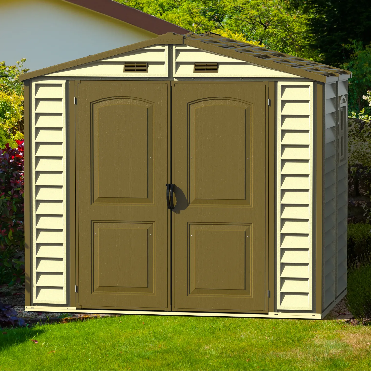 DuraMax 8ft x 5.5ft Storeall Vinyl Shed with Foundation Kit and window