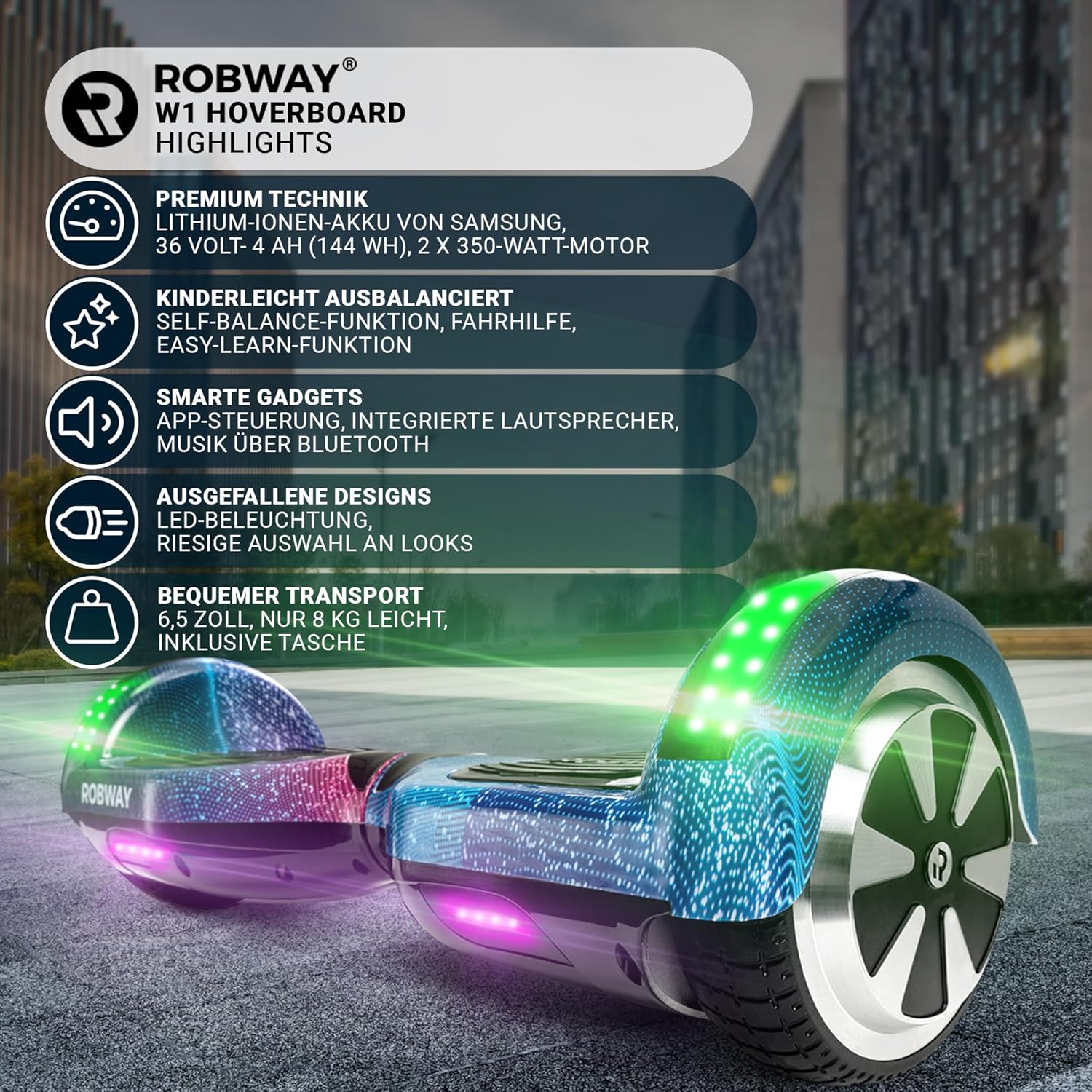 Robway W1 Hoverboard | 𝐃𝐀𝐒 𝐎𝐑𝐈𝐆𝐈𝐍𝐀𝐋 ® Hoverboards for Kids, Teens & Adults - APP Control - 1 x 2 Watt Motors - Self-Balancing Function - Bluetooth