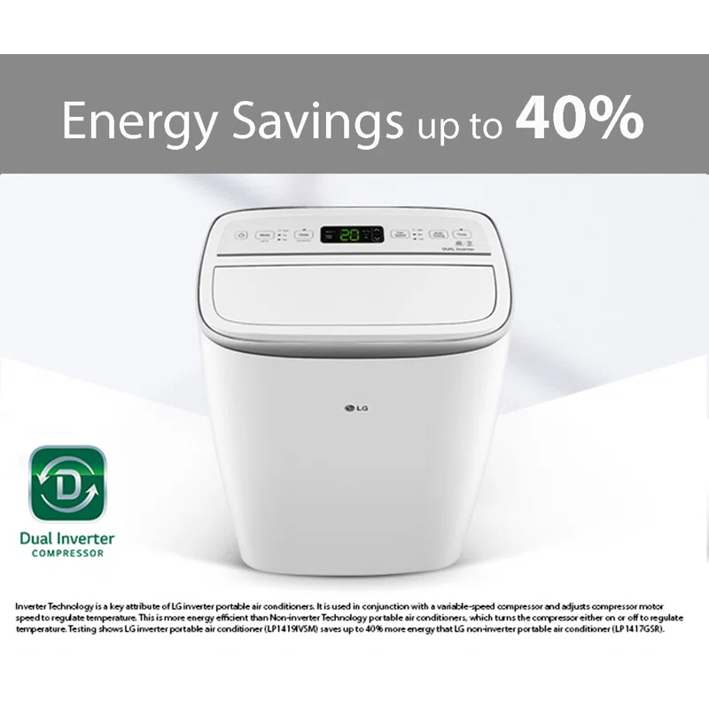 LG 10,000 BTU Dual Inverter Portable Air Conditioner, 220V, Cools up to 450 Sq. Ft. with Timer, Wi-F and Remote in White