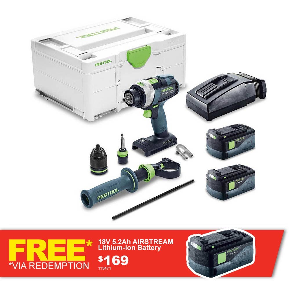 FESTOOL 18V 2 X 5.2AH 13mm TPC Hammer Drill Kit 577285