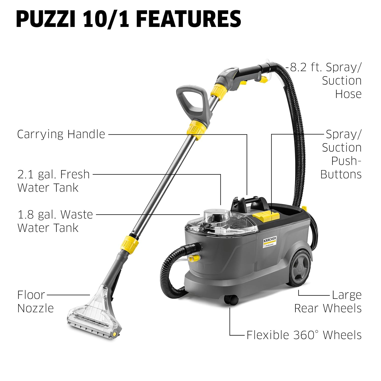 Kärcher Puzzi 8/1 C Commercial Carpet Extractor 12.5 PSI - Spot Cleaner, Stain Remover, Area Rugs, Car and Auto Detailing, Carpet and Upholstery Cleaner - Onboard Accessory Storage - 3.9 Gallon Tank