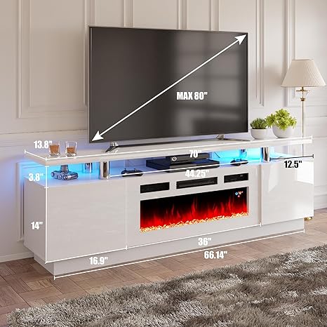 Amerlife Fireplace TV Stand with 36in Fireplace, 70in Modern High Gloss Entertainment Center LED Lights, 2 Tier Console Cabinet for TVs Up to 80in, White
