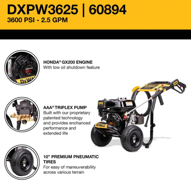 DEWALT 3600 PSI 2.5 GPM Gas Cold Water Professional Pressure Washer with HONDA GX200 Engine
