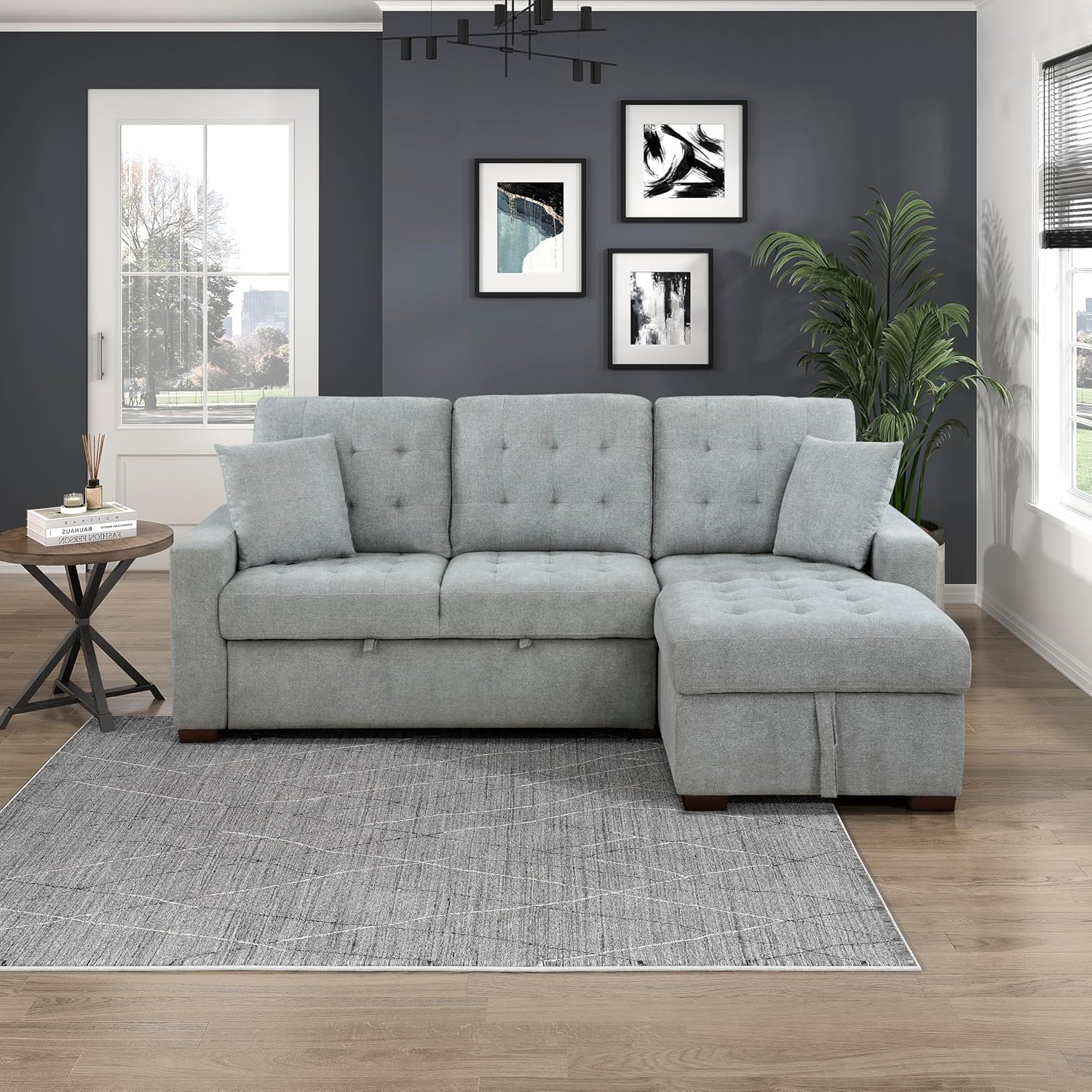 Kendale Sleeper Sofa, L Shape Sectional Couch with Right Storage Chaise and Pull Out Sofa Bed