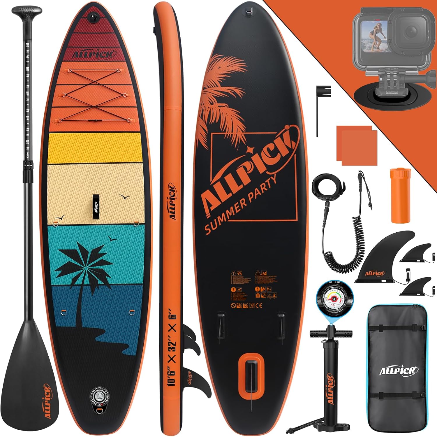 ALLPICK Premium SUP Board Set, Stand Up Paddling Board Aufblasbar, Mit Universal Kamerahalterung, Komplettes Zubehör, Verstellbares Paddel, Anfänger, Fortgeschrittene, 180kg