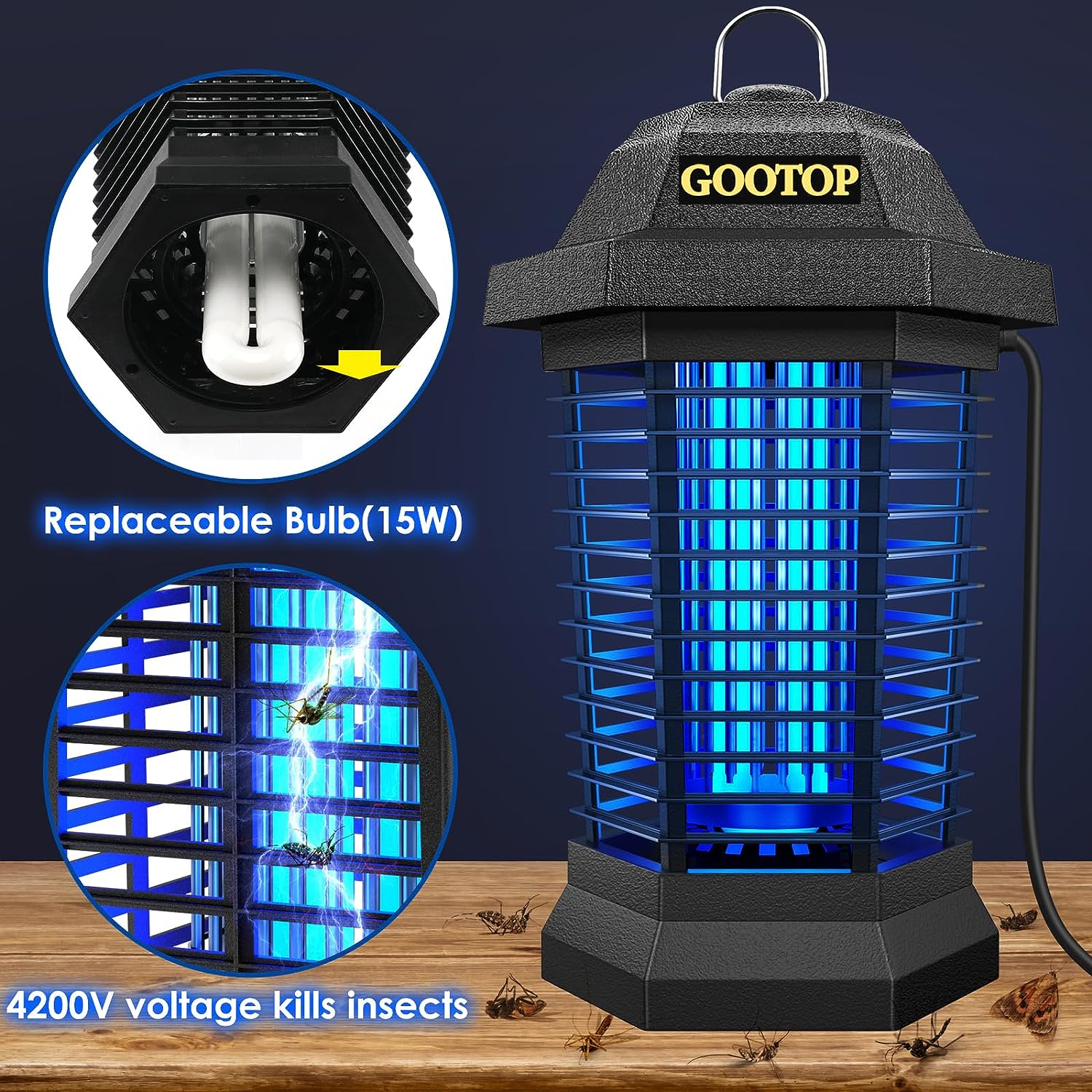 GOOTOP Bug Zapper Outdoor Electric, Mosquito Zapper, Fly Traps, Fly Zapper, Mosquito Killer, 3 Prong Plug, 90-130V, ABS Plastic Outer (Black) with 15W Replacement Bulb
