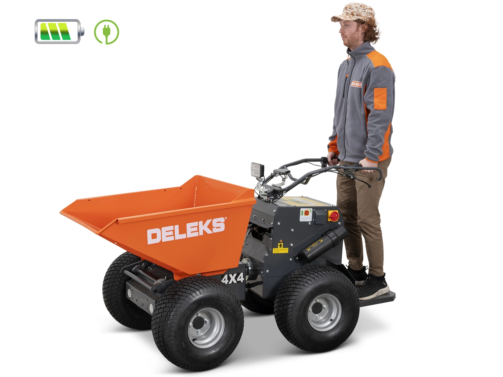 DELEKS®XE-4WDHG Electrified 4x4 Minidumper, 2 electric motors 800W/48V, hydraulic tipping, dumper body, operator platform, load 400kg, turf tires.