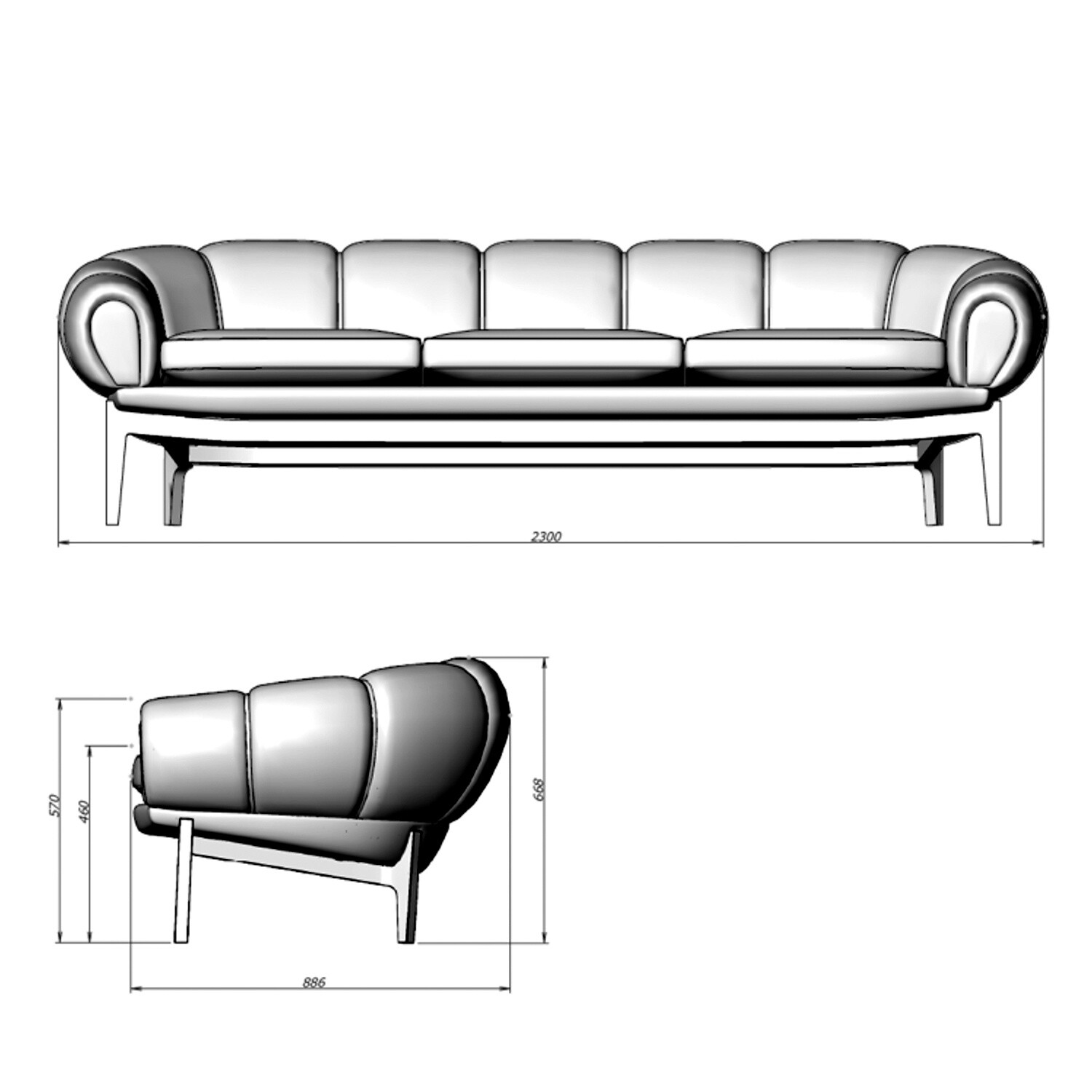 Croissant Sofa 3 Seater 230x88cm Leather