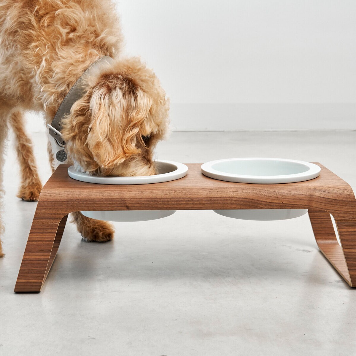 Desco Dog Bowl Stand Wood with Porcelain Bowls M