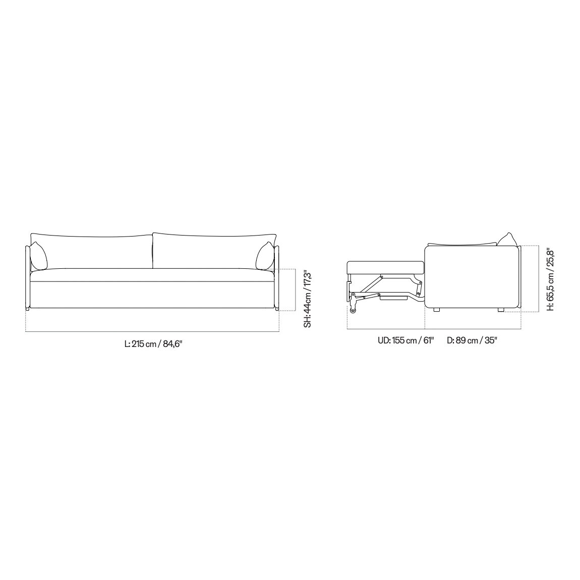 Offset 3-Seater Sofa Bed 215x89cm
