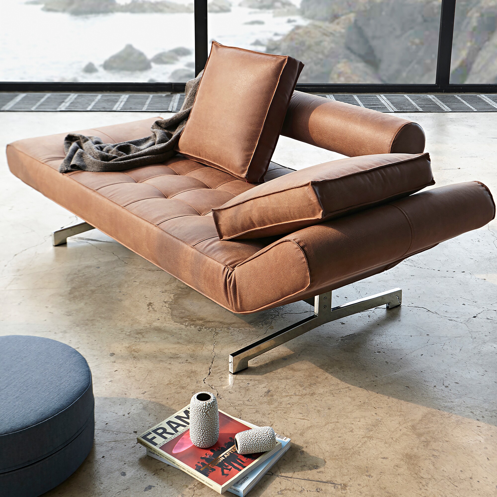 Ghia Sofa Bed Fabric with Leather Legs Chromed Steel