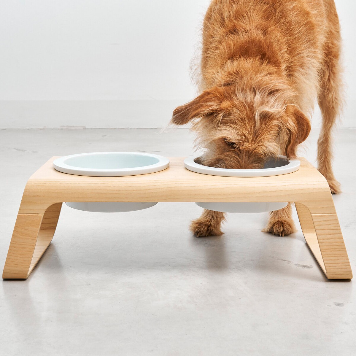 Desco Dog Bowl Stand Wood with Porcelain Bowls M