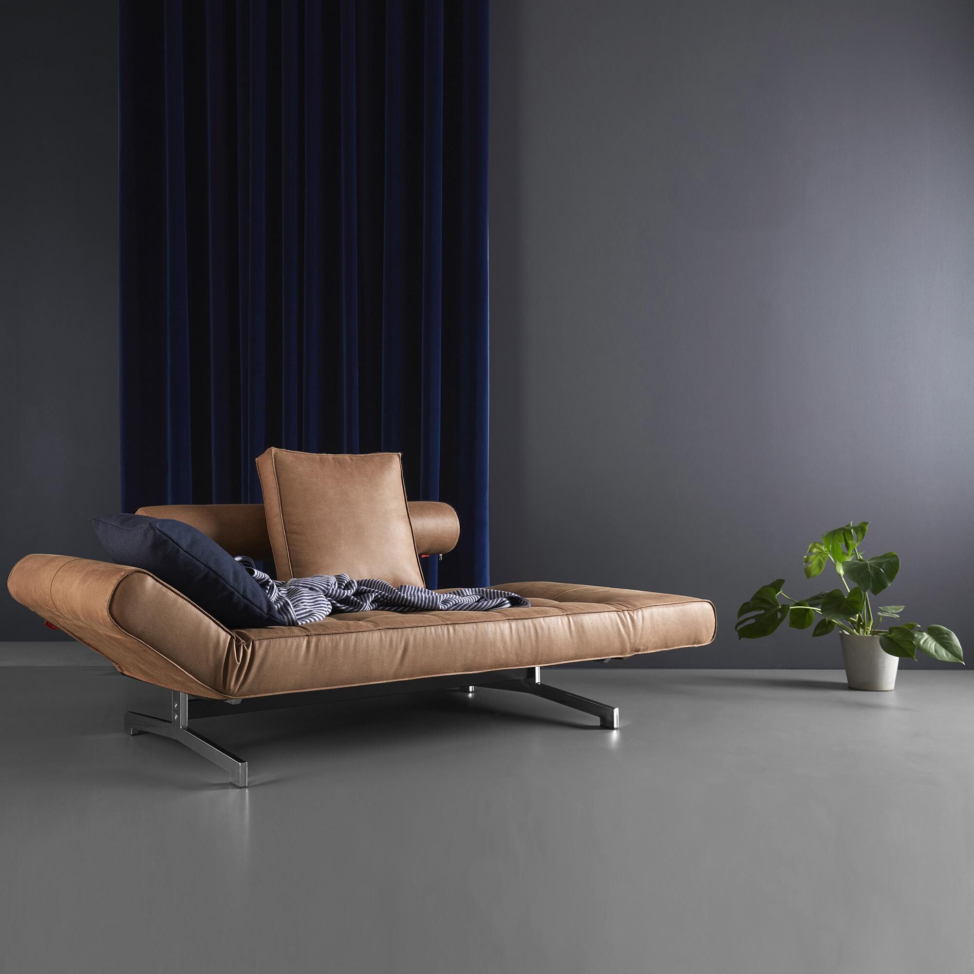 Ghia Sofa Bed Fabric with Leather Legs Chromed Steel