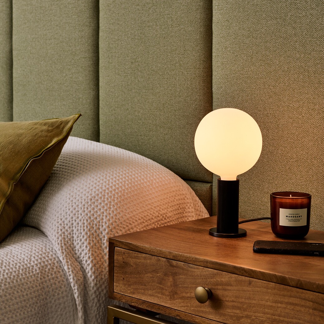 Blackened Oak Knuckle Table Lamp With Sphere IV Dim To Warm