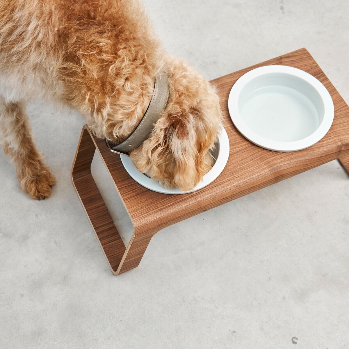 Desco Dog Bowl Stand Wood with Porcelain Bowls M
