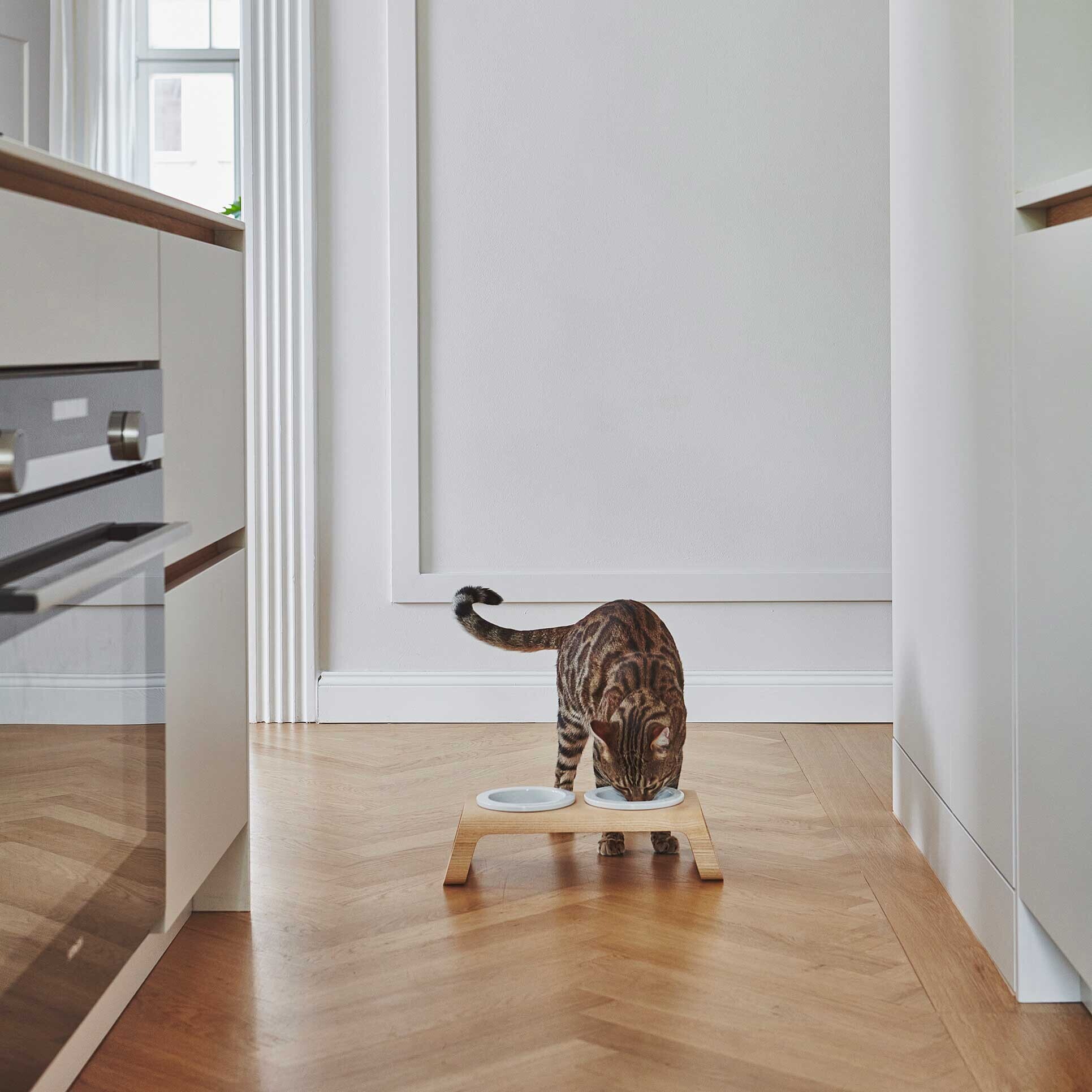 Desco Cat Bowl Stand Wood with Porcelain Bowls