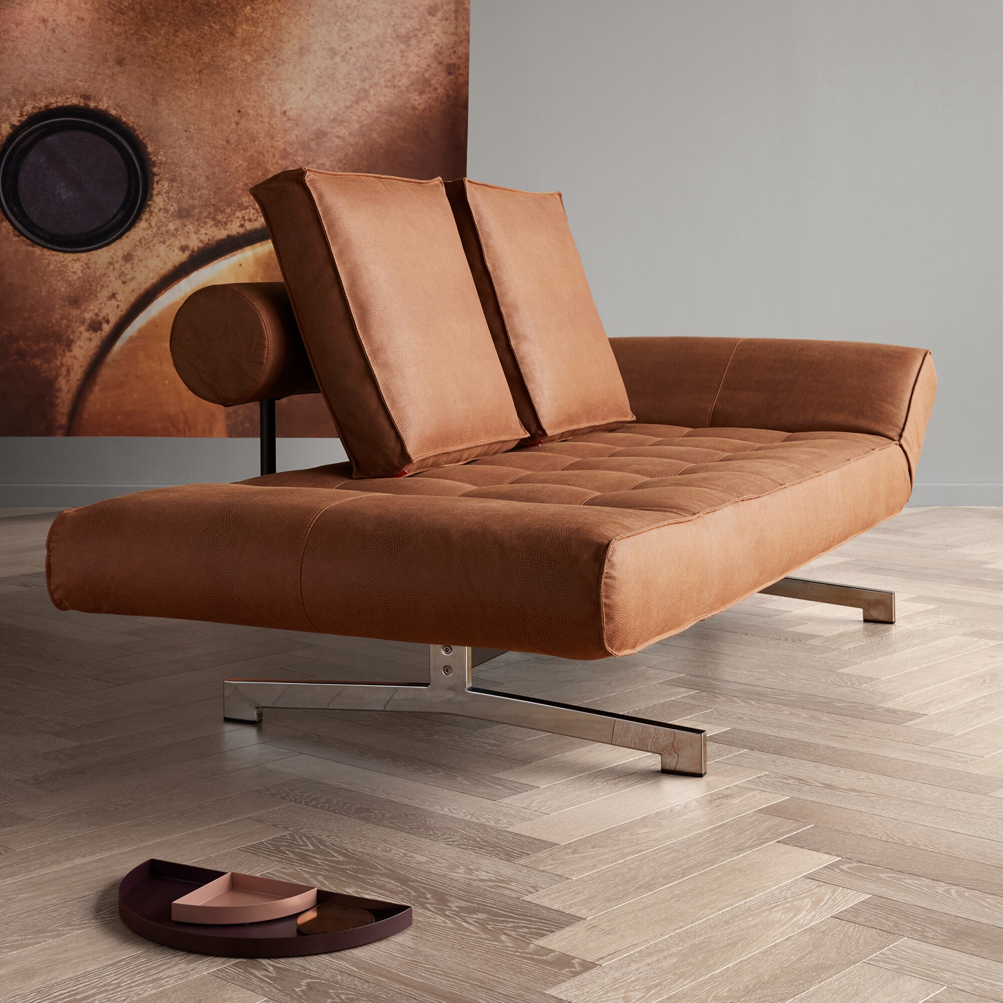 Ghia Sofa Bed Fabric with Leather Legs Chromed Steel