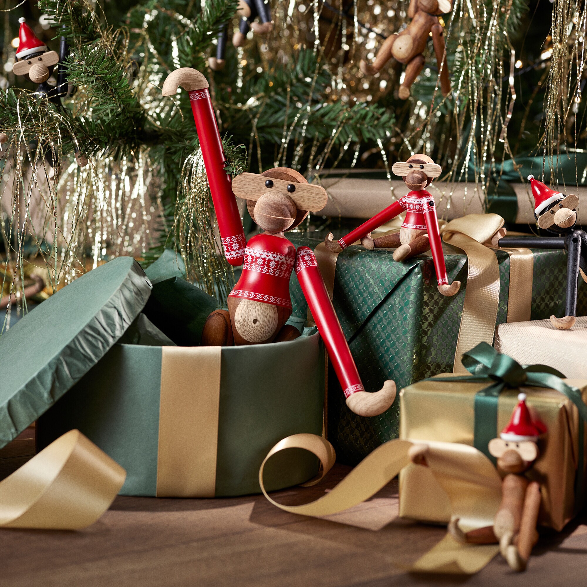 Wooden Figurine Monkey Small  with Christmas Jumper