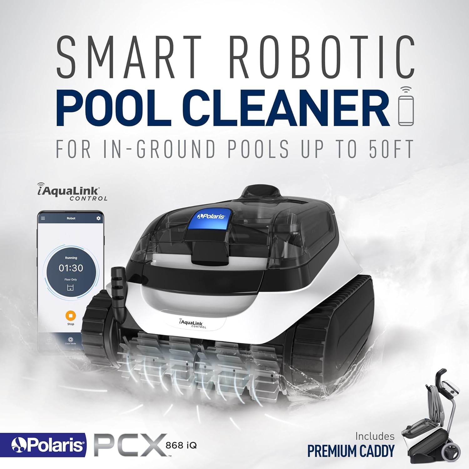 Polaris PCX 868 iQ Smart Robotic Pool Cleaner for In-Ground Pools up to 50ft, Smart App Control, Large Filter Canister, and Easy Lift Removal System