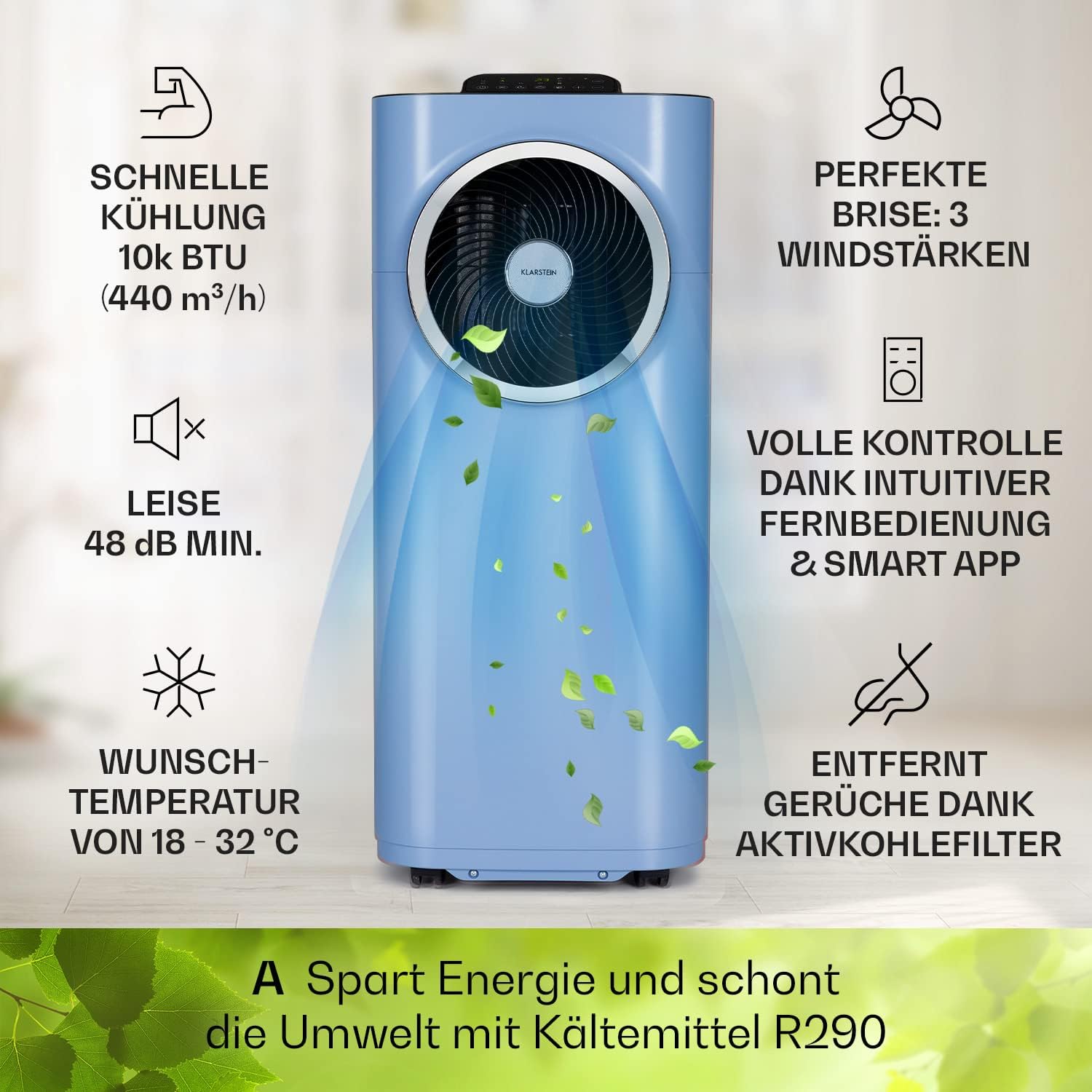 Klarstein portable air conditioner with exhaust pipe, 5-in-1 air conditioner(Blau)