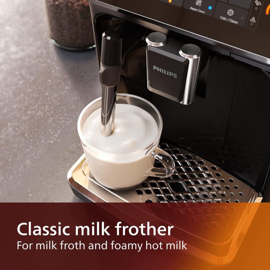 Philips 3200 Series fully automatic espresso machine - classic milk frother, 4 coffee varieties, intuitive touch display, black, (EP3221/44)